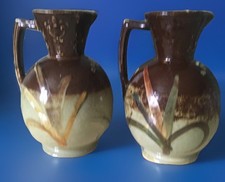Art pottery floral stoneware jugs ￼10 inch painted decorative use Autumnal Pair