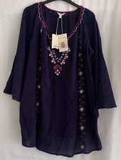 MONSOON LADIES NAVY KAFTAN TOP 3/4 SLEEVE EMBROIDERY/SEQUIN DETAIL LARGE