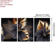 Set of 3 Canvas Wall Art Painting - Modern Abstract Black Golden Leaf Plant N...