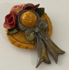 Ceramic Hat Brooch Flowers Ribbon Multicoloured