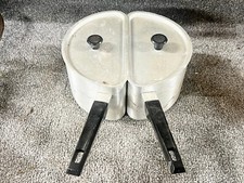 VINTAGE ALUMINIUM SPLIT HALF MOON DOUBLE SAUCEPAN COOKING PANS & LIDS