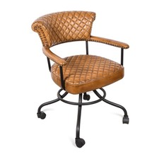 Genuine Leather Office Desk Chair with Casters Quilted Brown Leather