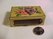 AN ANTIQUE HAND PAINTED FLORAL DECORATED METAL MATCH BOX MATCH SAFE WITH OLD BOX