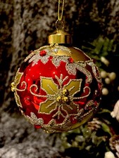 Gisela Graham Red Mirror Christmas Bauble with Gold Foliage & Border