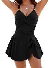 Nadeer Womens Swimdress Skirted Bikini Briefs Tummy Control Padded Black Medium
