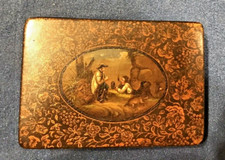 LOVELY ANTIQUE  PAPIER MACHE SNUFF BOX SAILOR & MAN  TALKING & DOG SCENE