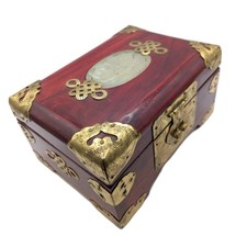 Vintage Chinese Lacquered Wood Red Jewellery Box With Brass And Jade Detailing