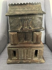 Antique Nepalese Miniature Wooden House Storage Box Spice Urn Trinket 18 in High