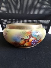 CZECHOSLOVAKIA YELLOW LUSTRE BOWL WITH BRASS RIM & FRUIT DECORATION