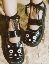 TUK Anarchic Kitty Cat Maryjane Shoes Black Womens Size 10 Meow Chunky Goth