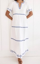 Rae Feather Women's White Blue Embroidered V Neck Midi Dress ~ Size Small
