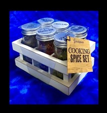 Goodspice 6pc Glass Jar spice set In Wooden Rack SPICES INCLUDED (Jar Size 3.75”