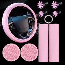 10Pc Pink Leather Steering Wheel Cover Set With Seat Belt Pads & Cup Holders New