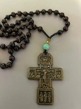 Over large Bronzed colour  Orthodox cross ~ wood bead necklace ~ rosary style