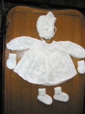  baby white matinee set new 0 to 3 months hand knitted coat hat booties mitts