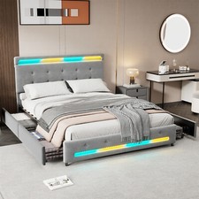 4ft6 Double Bed Frame with 4 Storage Drawers, Upholstered Headboard, LED Lights