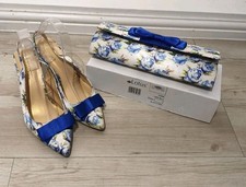 Lotus Shoes & Bag Set UK 6 Fern Blue Floral Pointed Sling Backs & Clutch Wedding