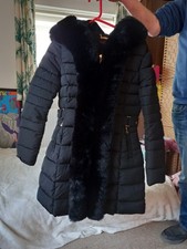 Gorgeous Black Very Padded Fur Trim Jacket Coat Size M Fit 8/10 