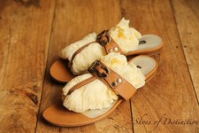 Dolce & Gabbana Tan Leather D&G Silver Bit Sliders Flip Flops Shoes Ladies UK 7