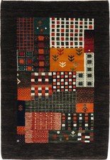 Gabbeh carpet Oriental Persian rug dark brown virgin wool patchwork design Qashqai