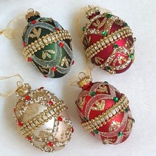 Jeweled Decorative Egg Christmas Tree Bauble Red Green Gold Cream Gems Diamante