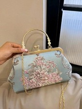 Women Floral Pearl Clutch Bag Light Blue Evening Bag Wedding Handbag Fashion