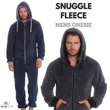 Mens Snuggle Warm Soft Fleece Hooded Zip 1Onesie All In One Jumpsuit Pyjamas UK