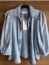New Zara Jeans Jacket Size L with Tag Blue Denim Bell Sleeve Botton Front