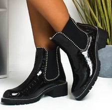WOMEN'S CHELSEA BOOTS LADIES ANKLE CHUNKY FLAT SOLE LOW BLOCK HEEL STUDDED SHOES