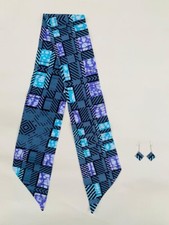 African Wax print Head Band Hair Wrap Earrings Set Tie Scarf Ankara Pagne 44x4”