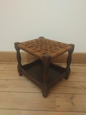 Vintage Wooden Stool  With Rush Woven String Top and Shelf, Vintage Decor