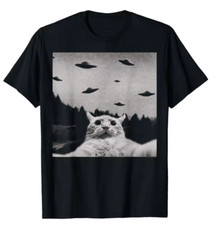 Funny Weird Alien Cat UFO Meme Print T Shirts Men Women Humour Short Sleeve