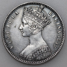 1849 VICTORIA SILVER GOTHIC BUST, GODLESS FLORIN, BRITISH TWO SHILLINGS, GVF