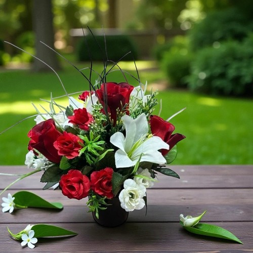 Red white roses - &, lilies