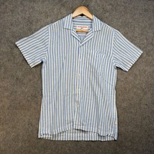 Orlebar Brown 007 Shirt Mens Size M Blue Striped Linen Cotton Blend Camp Collar