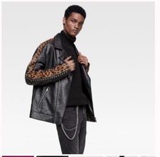 Zara Leather Effect Biker Jacket with Studs and Leopard Print - Medium Unisex