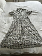 Liberty Blue Green Grey Deco Midi Shirt Dress Size 12 100% Cotton Pockets HOLE