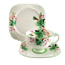 Paragon Art Deco Aztec Shape Tea Trio Floral Decoration Handpainted 1930's