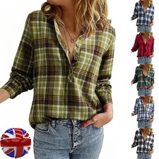 Women's Plaid Check Shirt V Neck Henley Blouse Long Sleeve Casual Top UK