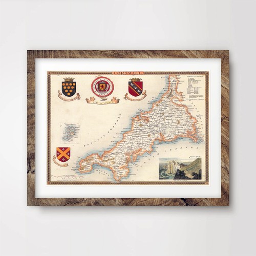 Cornwall vintage map art print - map,