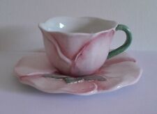 Small Ceramic Pink Rose Tea Coffee Cup & Saucer with leaf detail, Made in Italy