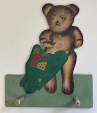 VINTAGE CHILDS NURSERY COAT PEG HAND PAINTED WOOD BEAR WITH WHEEL BARROW 1930S