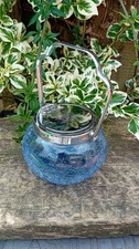 VINTAGE Blue cracked glass sugar bowl with lever action lid thistle engraved