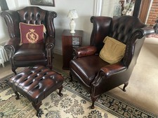Pair Of Wing Back Chairs with Matching Footstool 