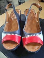 Pavers Leather Wedge Sandals Red White and Blue Peep Toe Slingback Uk5 JM311