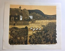 Robert Tavener Limited Edition Original Linocut Signed Hedgerow & Farm 19/120