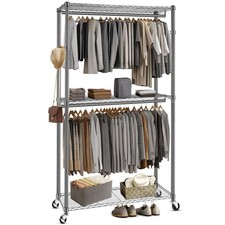 Heavy Duty Double Clothes Rail Rack Garment Hanging Stand  Open Wardrobe grey