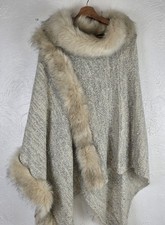 Frank Usher Faux Fur Trim Poncho Wrap Shawl Beige Cream Knit Cape Winter Warm