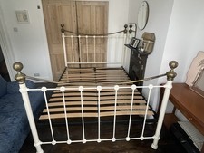 Antique Brass and Cream Metal King Size Bed Frame. Very Good Condition