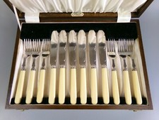 Vintage Fish Cutlery Set. 6 Knives Forks. Silver plated Faux Bone Handles. Cased